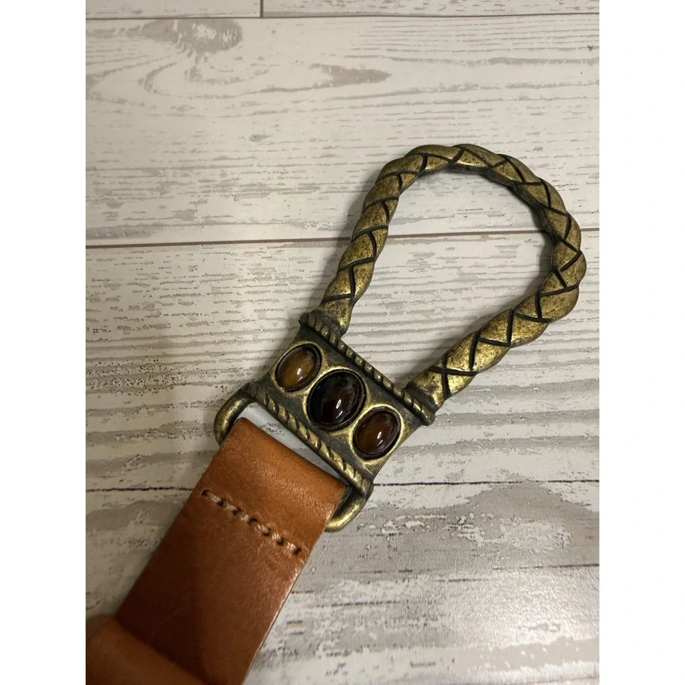 Chicos Italian Leather Brass Tone Waist Belt Size M/L Adjustable Hook Gemstones‎